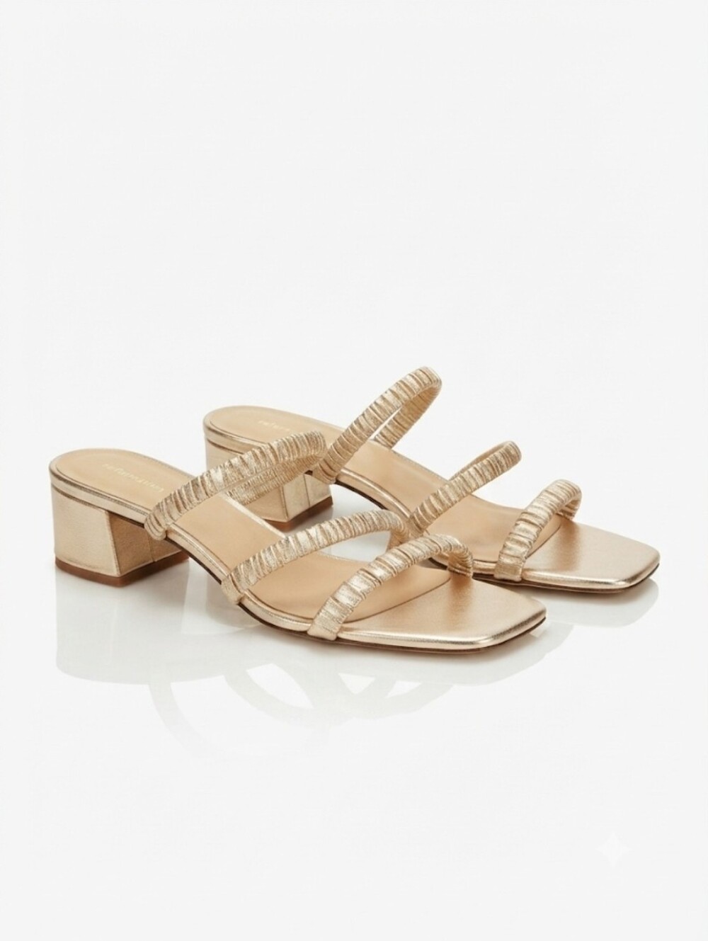 Reformation Metallic Gold Ruched Triple-Strap Block Heel Mules Size 9